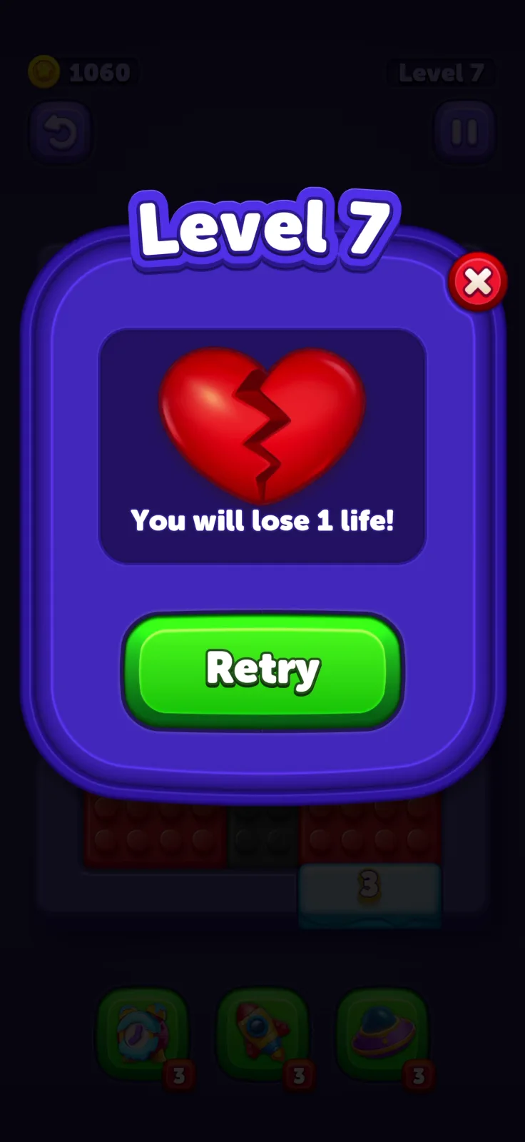 Defeat screen from Block Out! Color Sort Puzzle