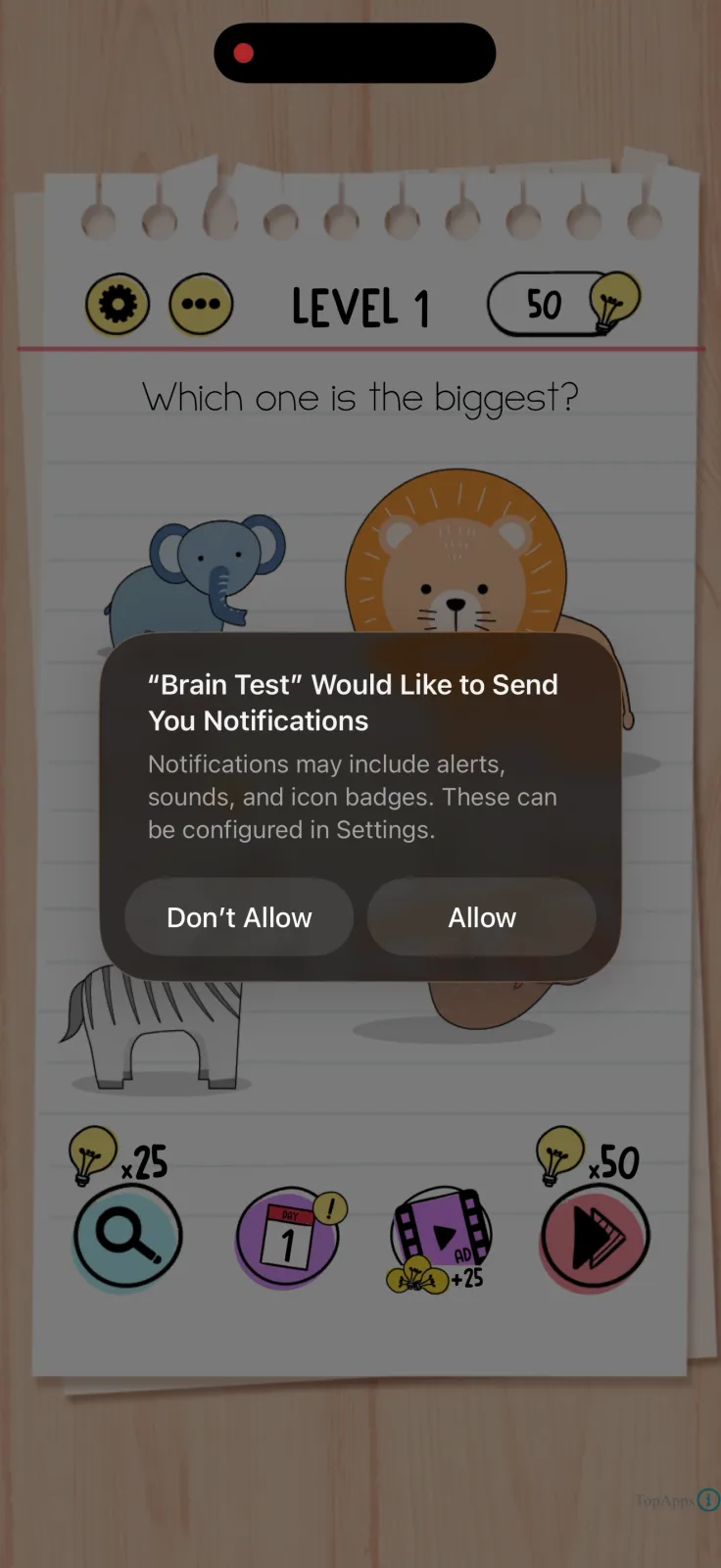 Notifications screen from Brain Test