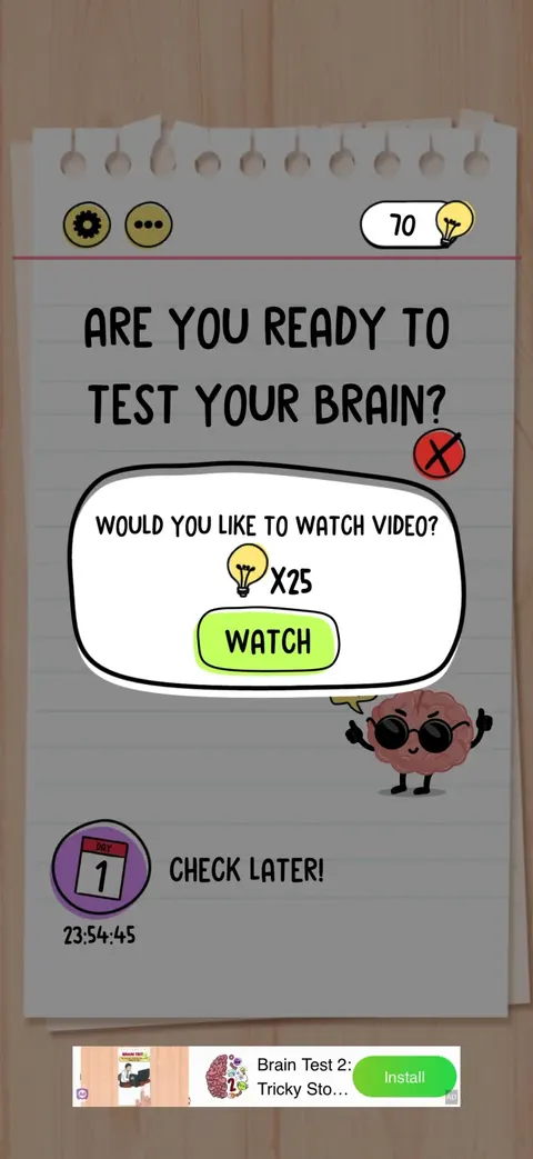 Rewarded ads screen from Brain Test