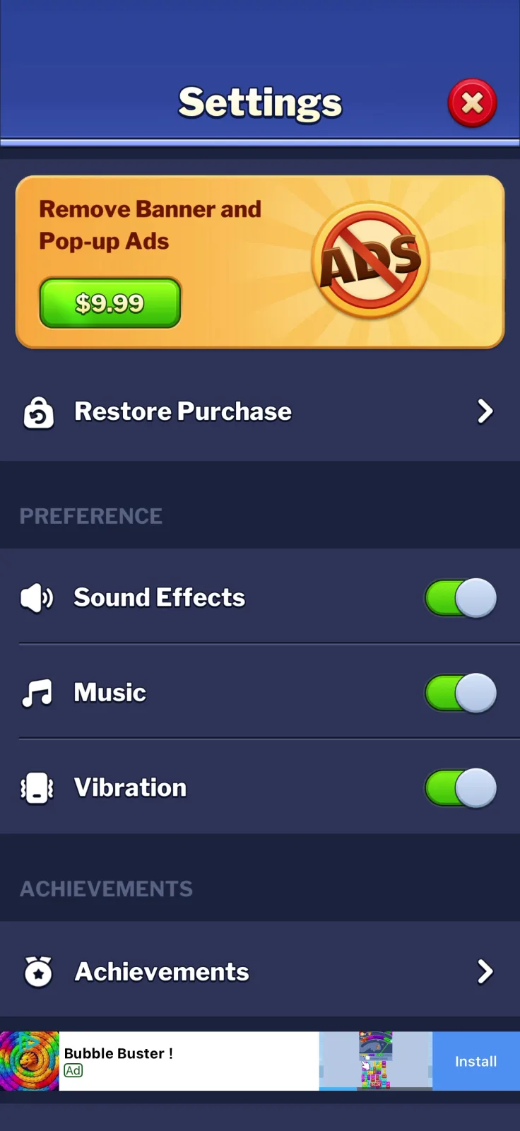 Settings screen from Find Differences