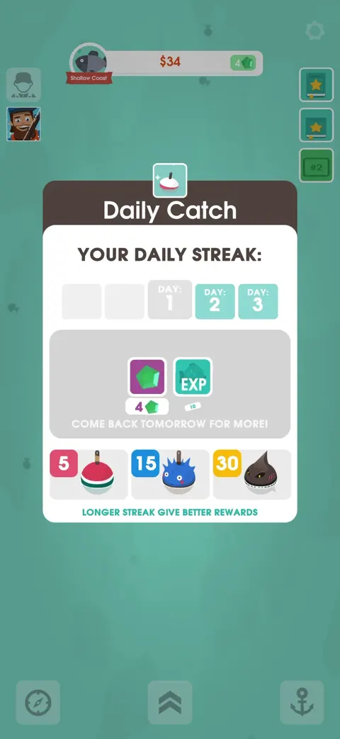 Daily rewards screen from Hooked Inc