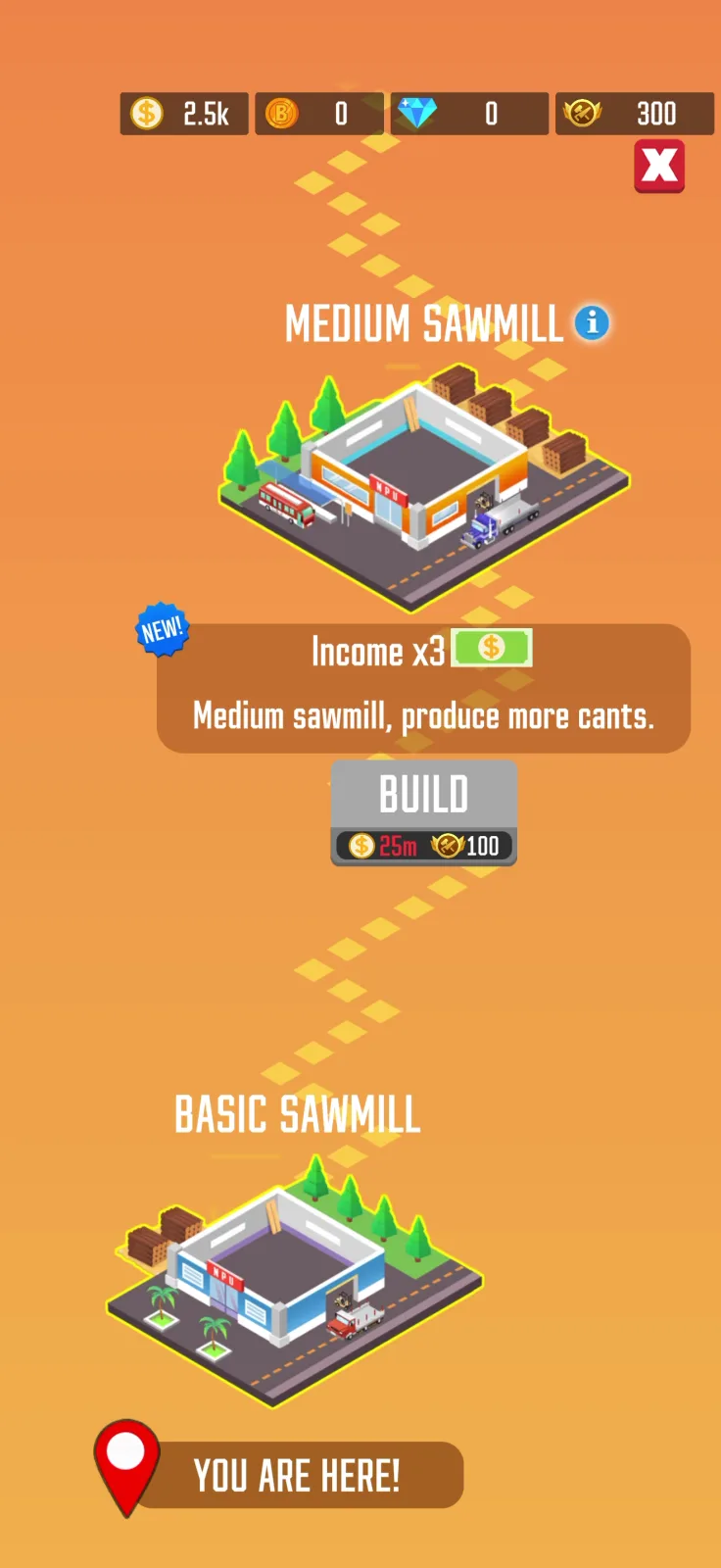 Progression map screen from Lumber Inc