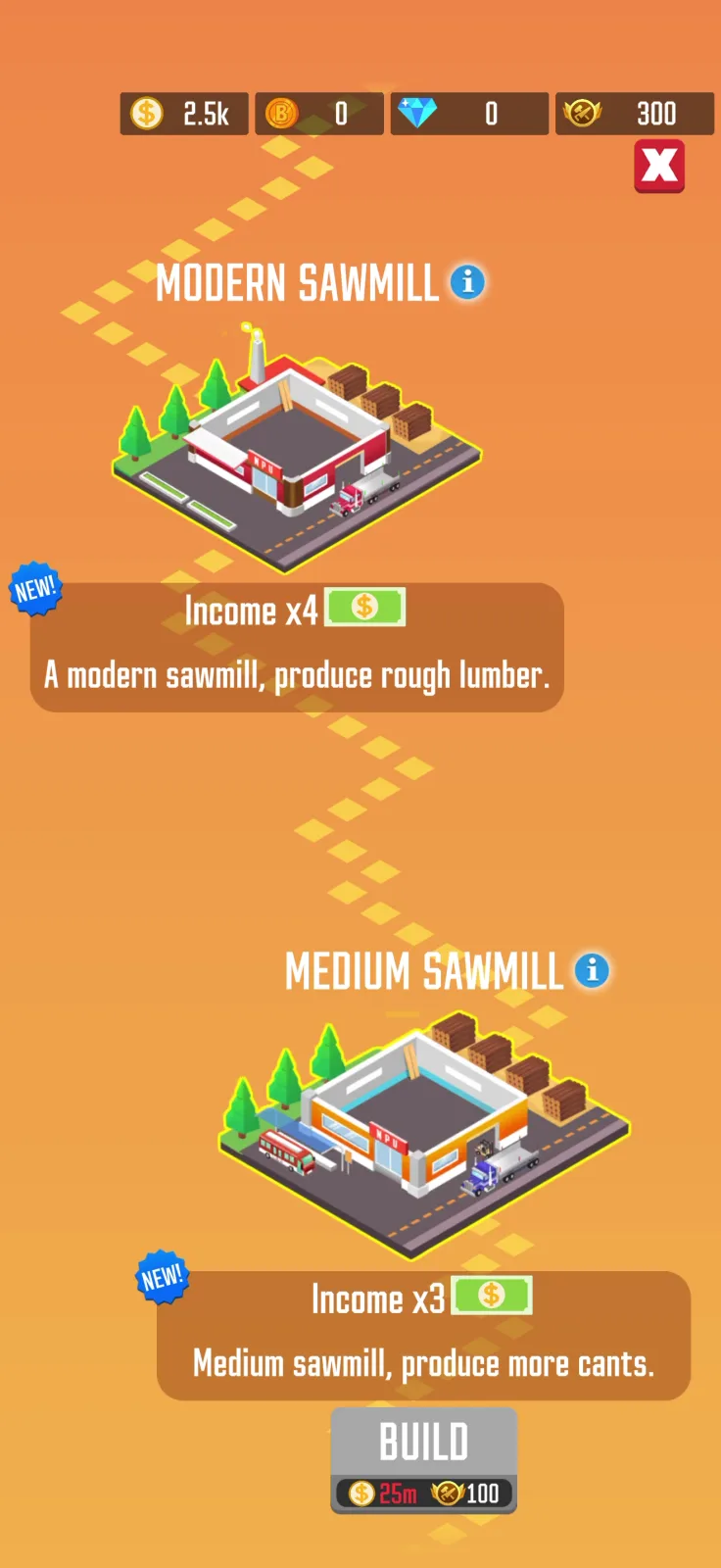 Progression map screen from Lumber Inc