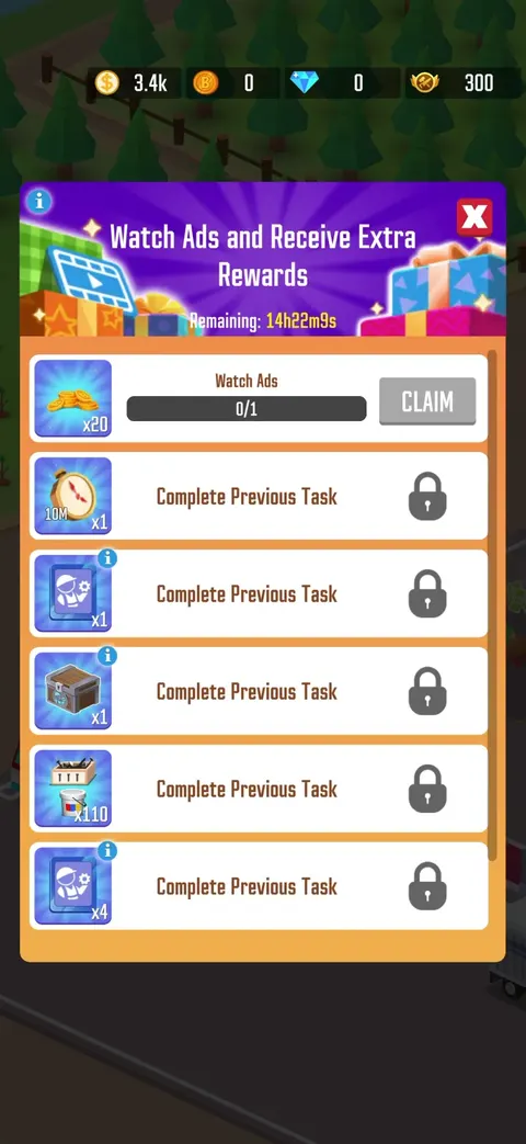 Rewarded ads screen from Lumber Inc