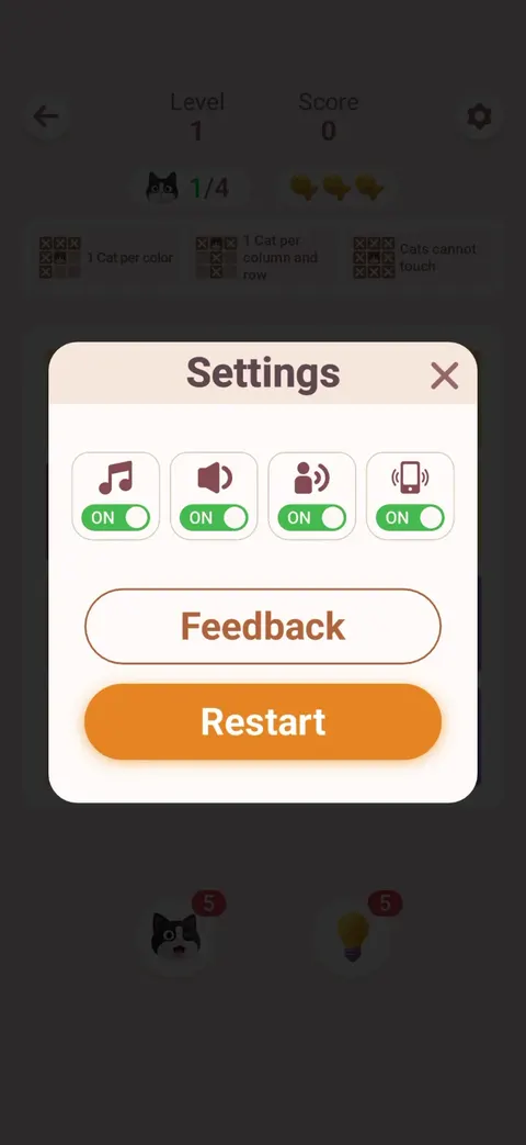 Settings screen from Meowdoku!