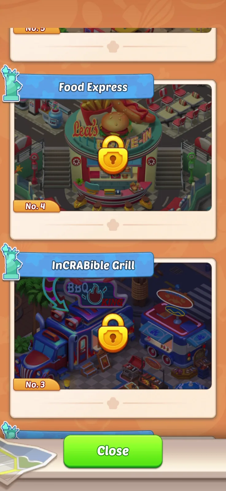 Progression map screen from Merge Cooking: Theme Restaurant