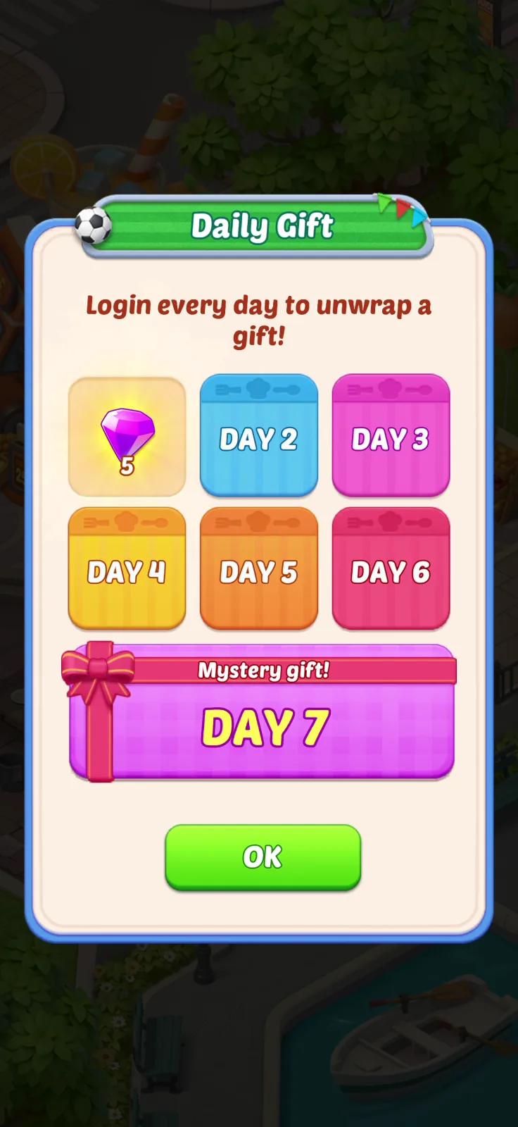 Daily rewards screen from Merge Cooking: Theme Restaurant
