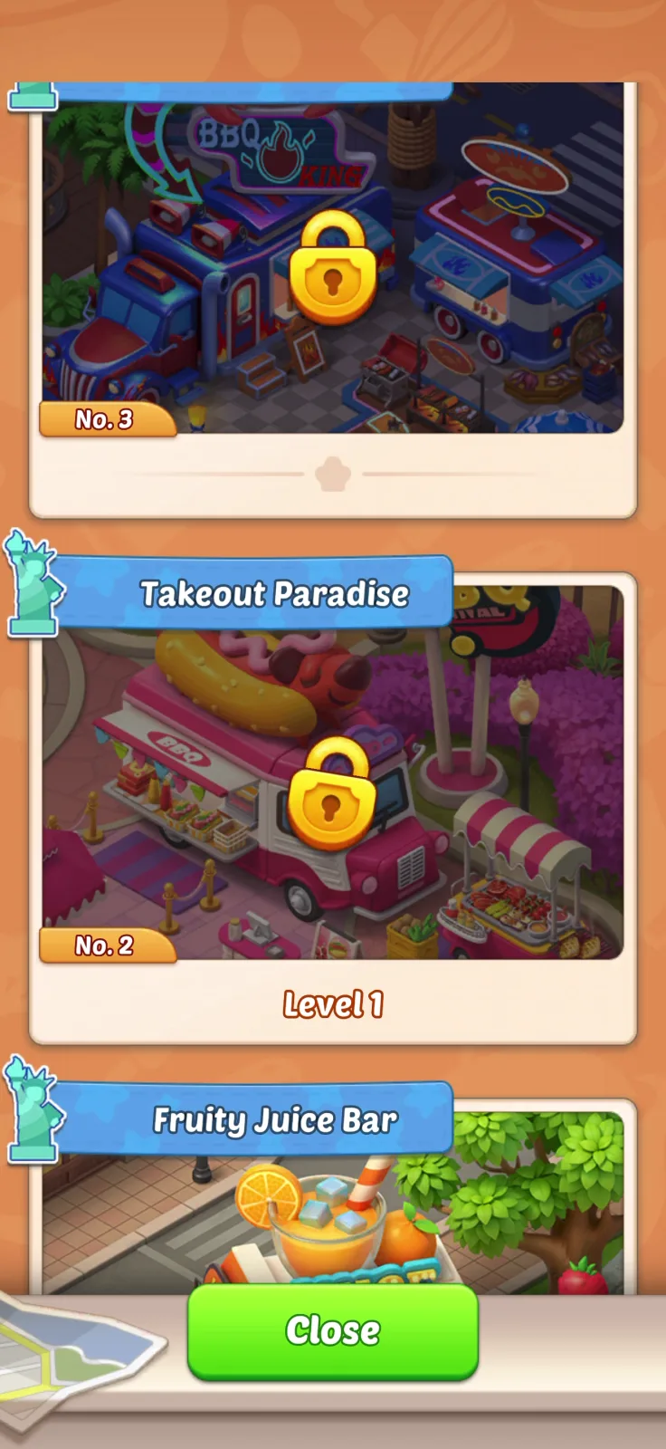 Progression map screen from Merge Cooking: Theme Restaurant