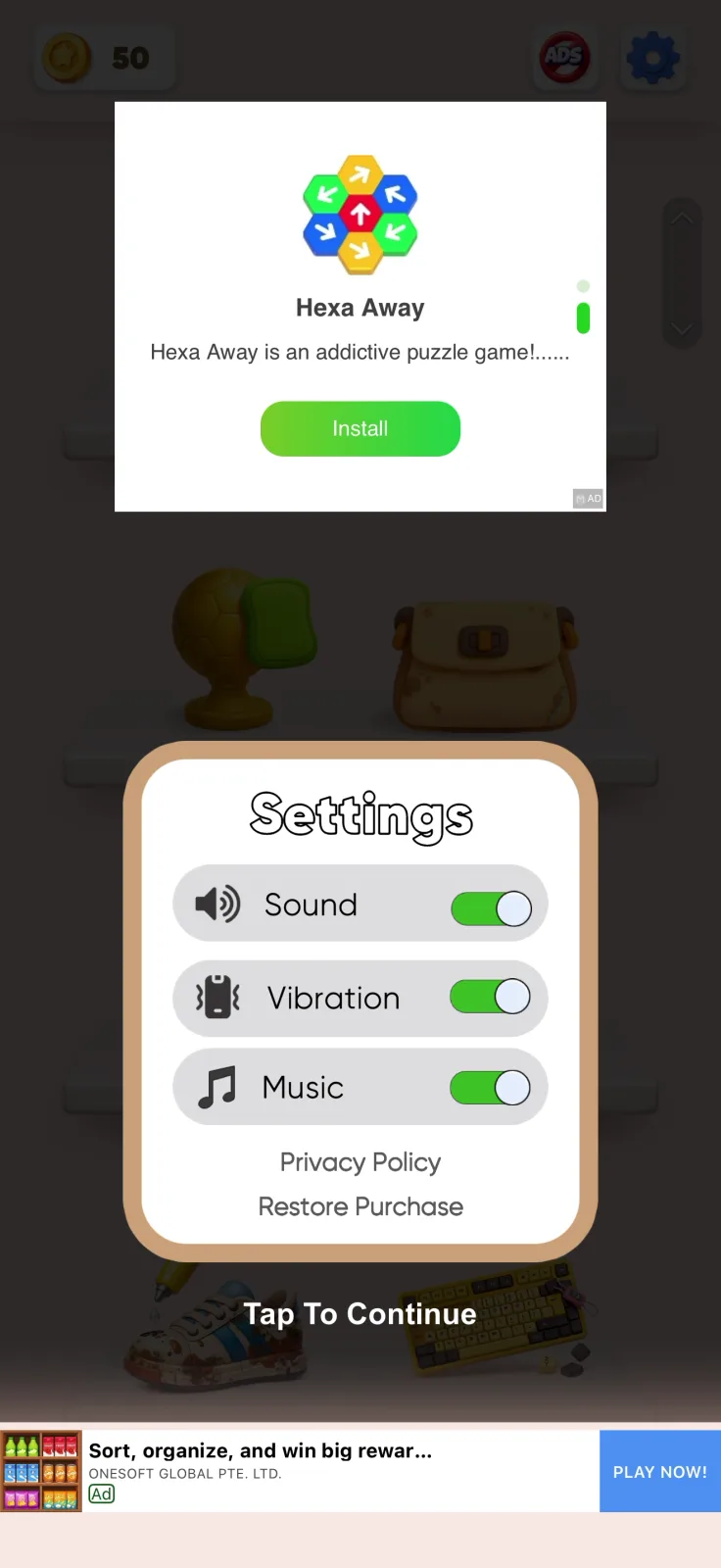 Settings screen from Perfect Makeover Cleaning ASMR