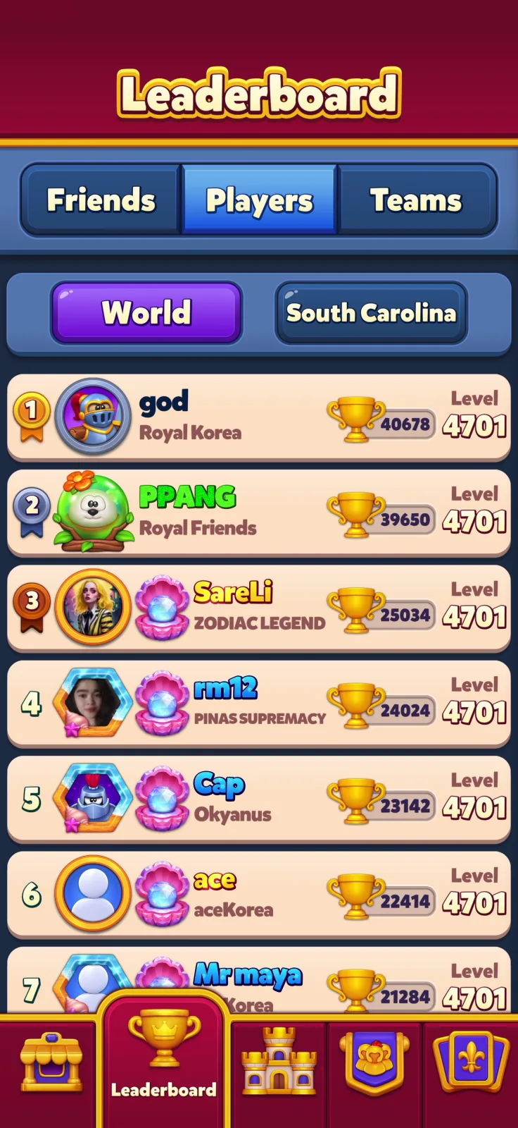 Leaderboards screen from Royal Kingdom