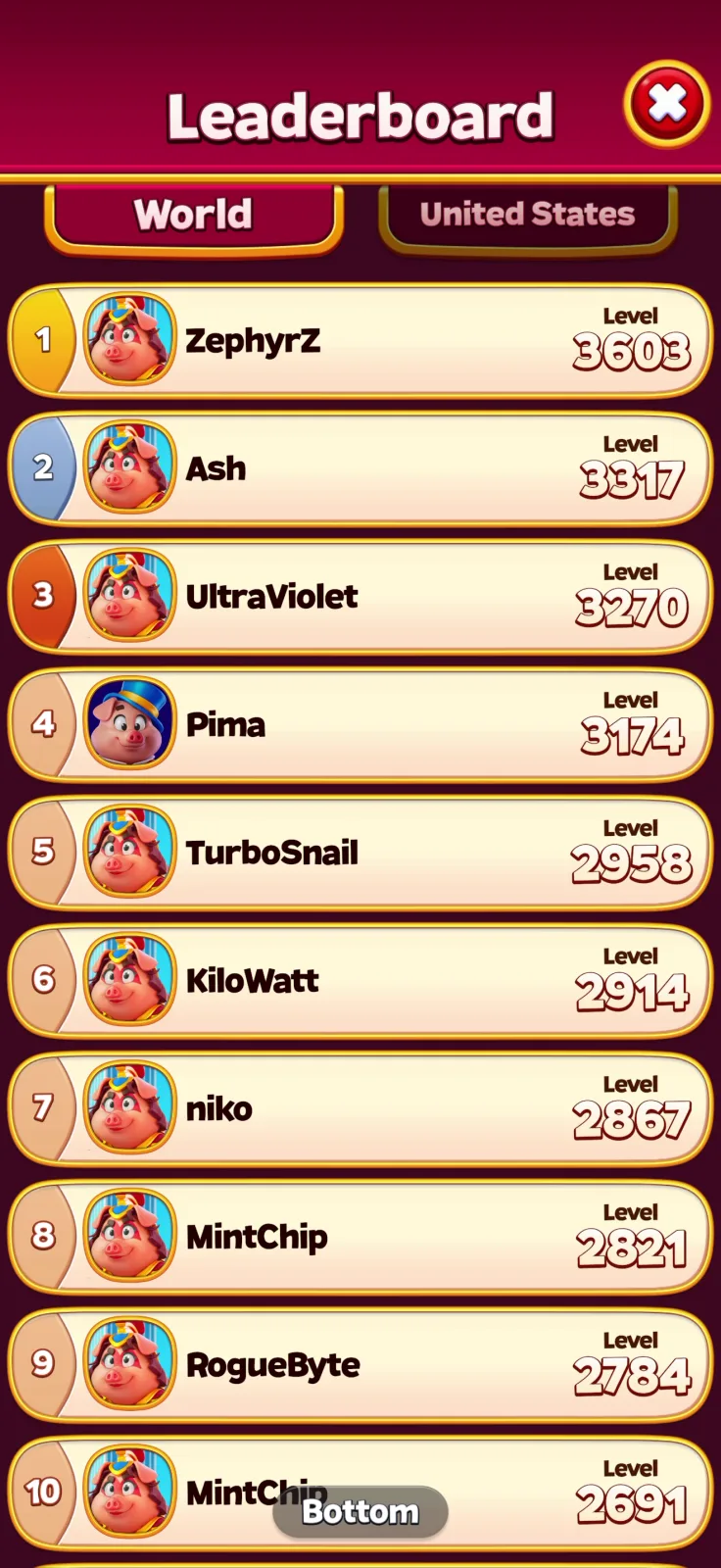 Leaderboards screen from Royal Smash