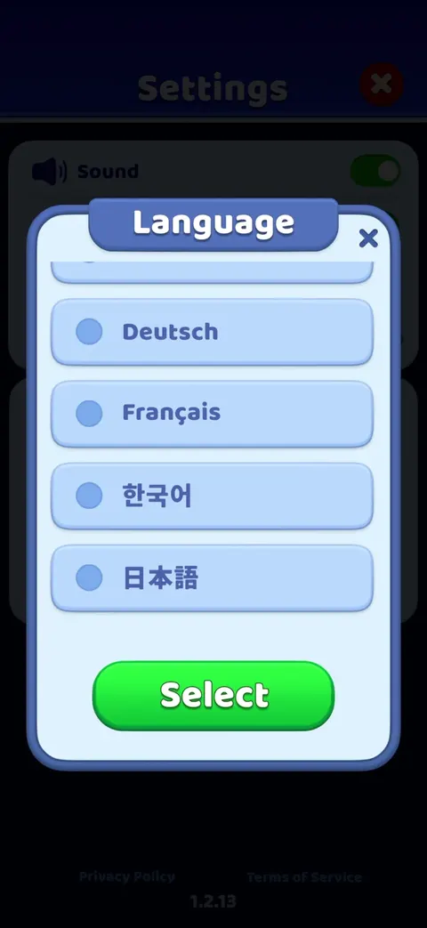 Settings screen from Search It