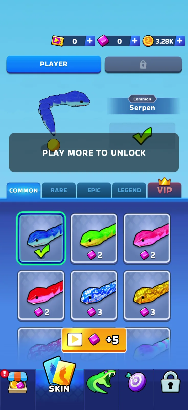 Cosmetics screen from Snake Clash