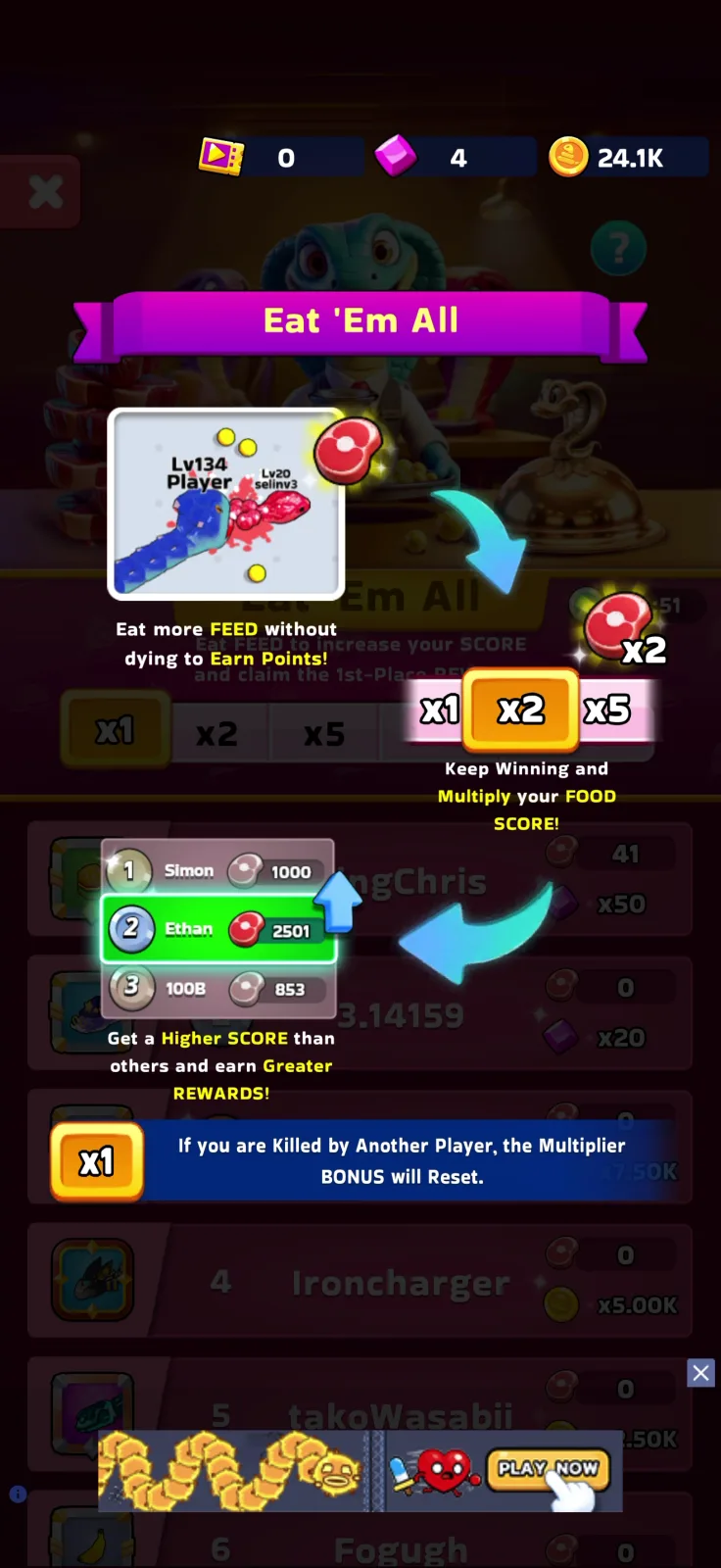 Tutorial screen from Snake Clash