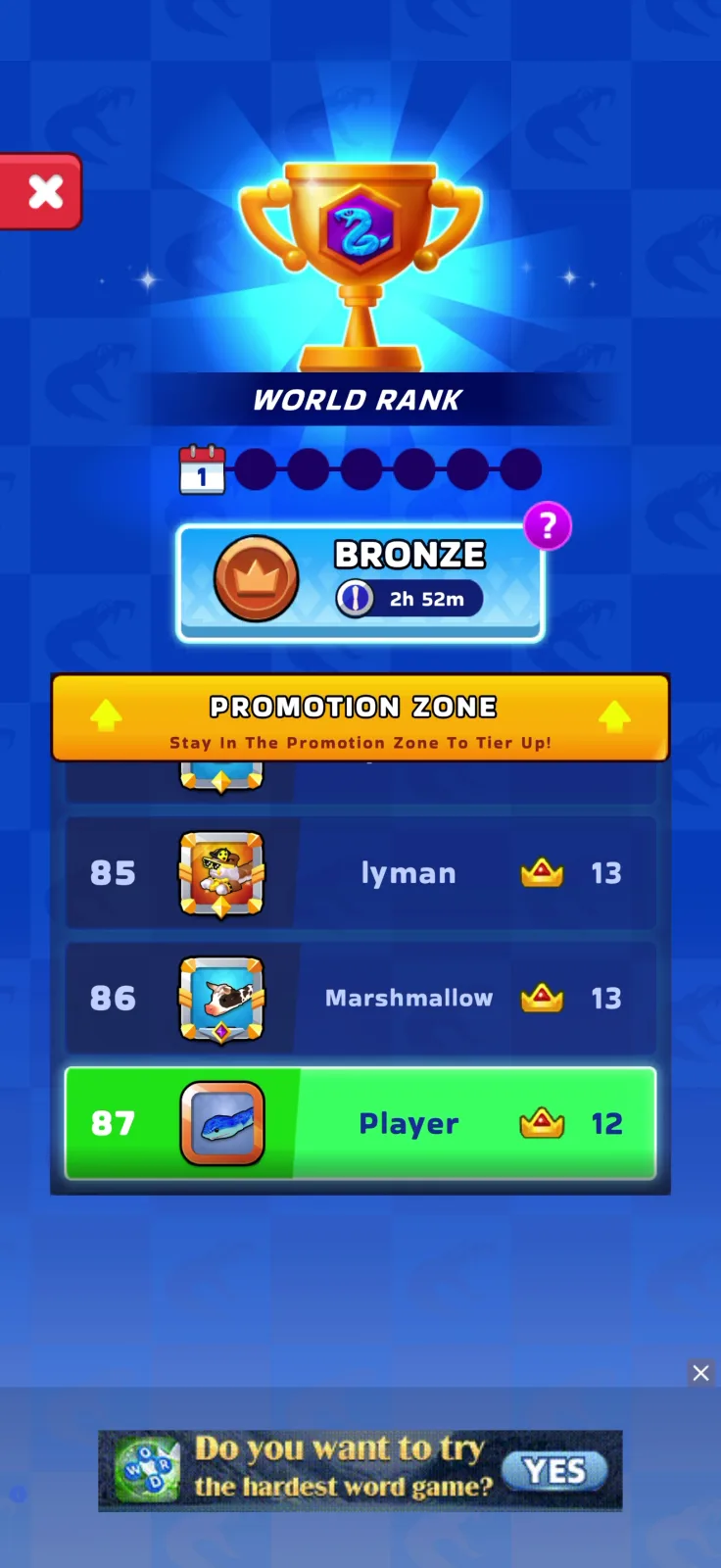 Ranked screen from Snake Clash