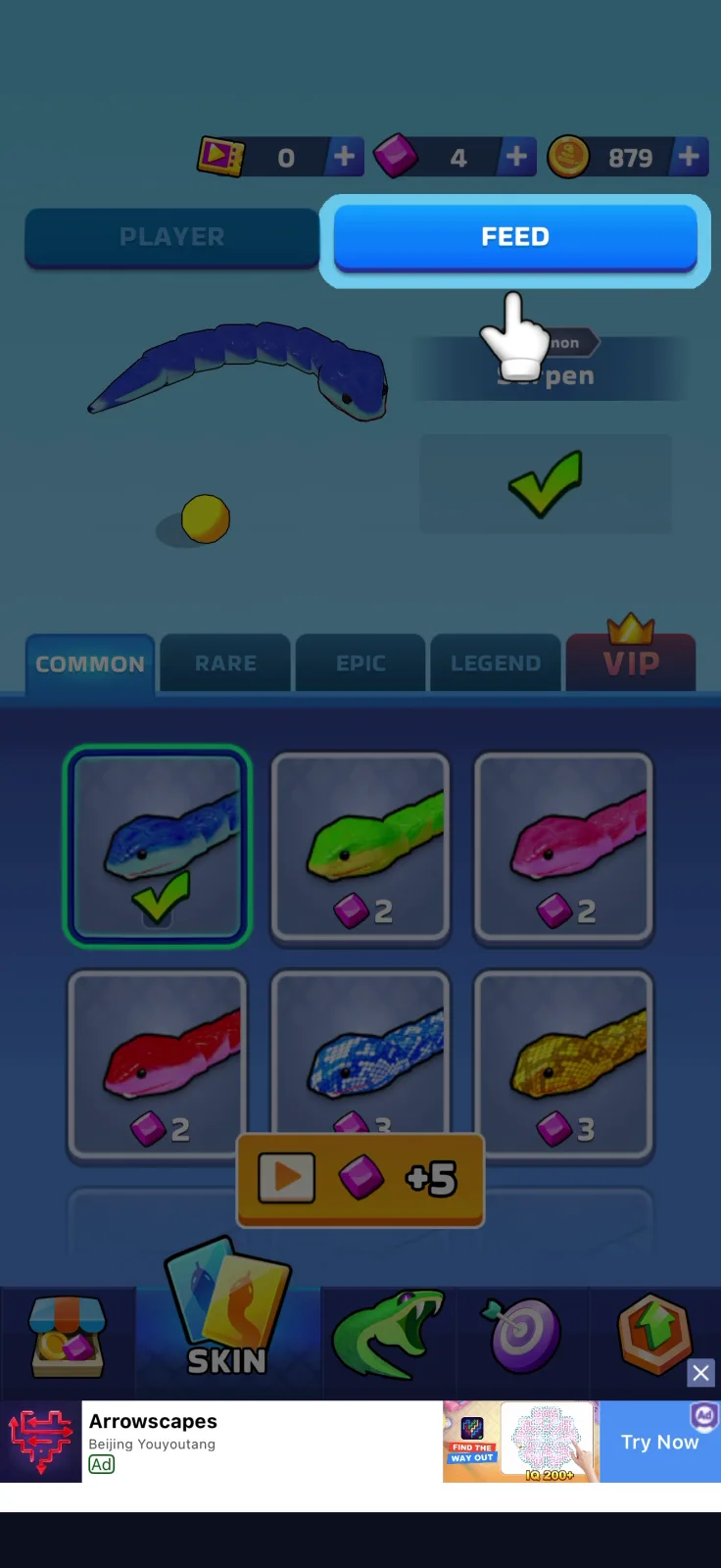 Cosmetics screen from Snake Clash