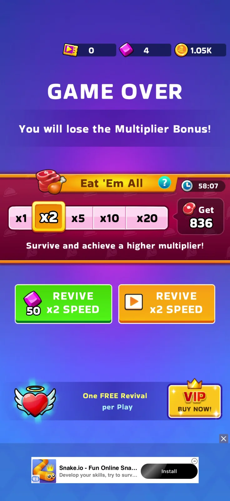 Revival screen from Snake Clash