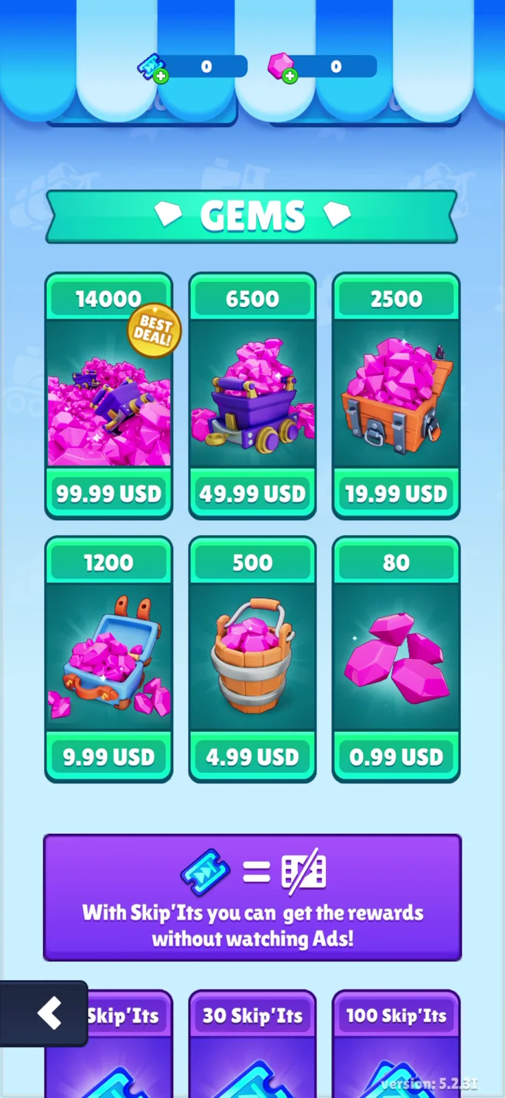 Shop screen from Train Miner