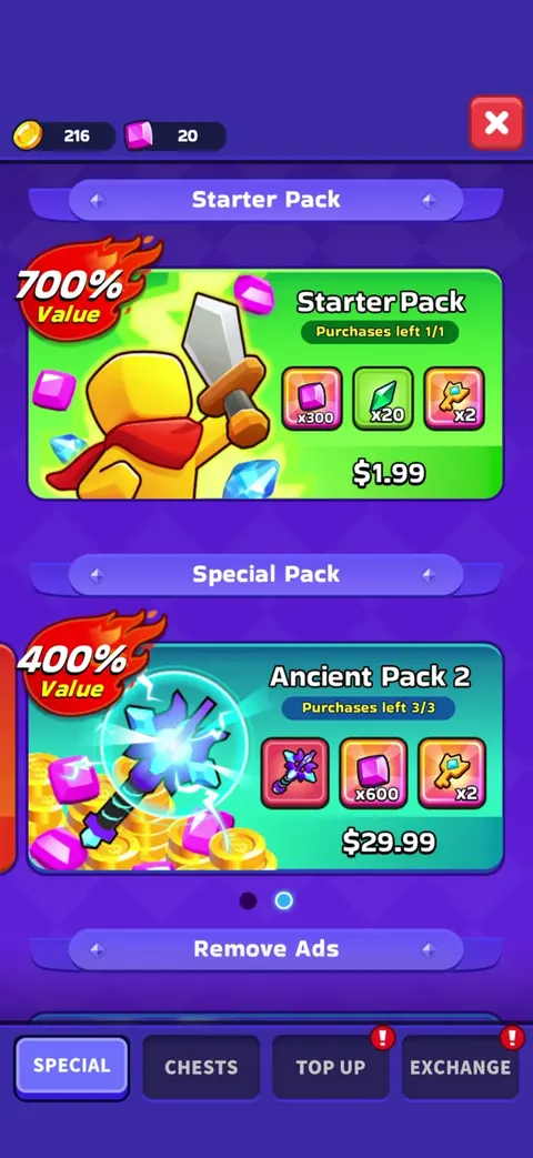 Shop screen from XP Hero