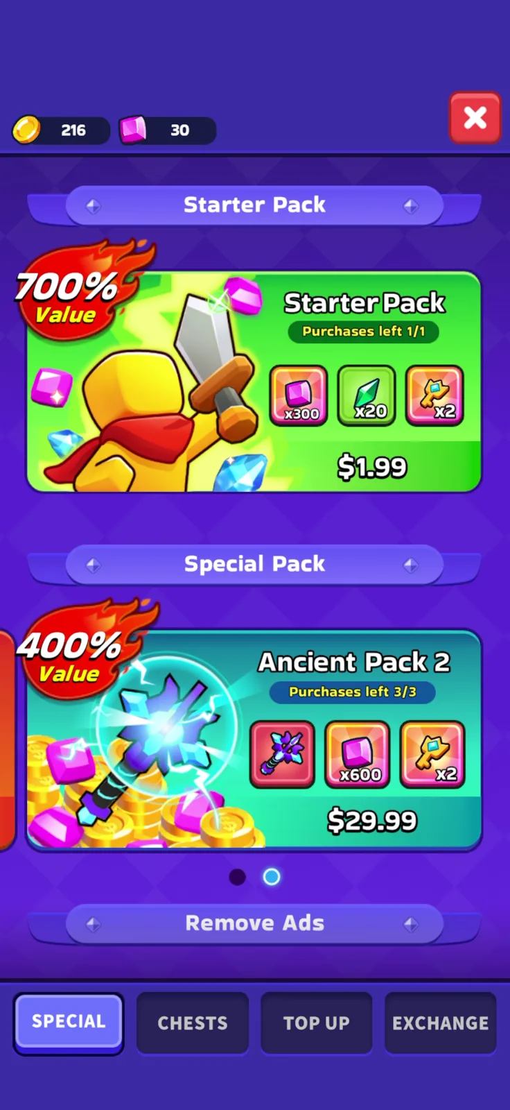 Shop screen from XP Hero