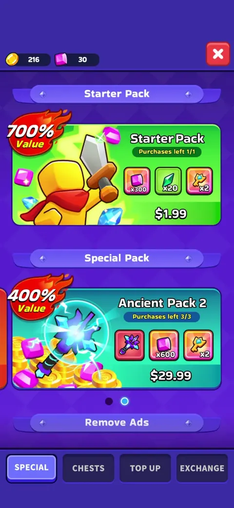 Shop screen from XP Hero